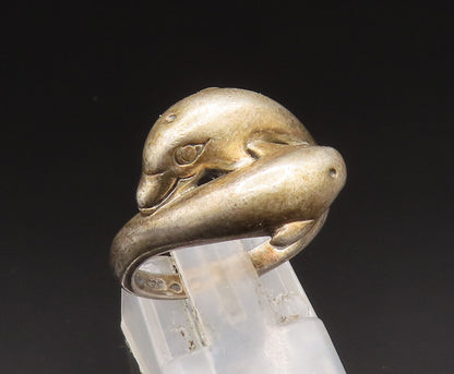 925 Sterling Silver   Vintage Double Dolphin Bypass Ring Sz 7  RG24687
