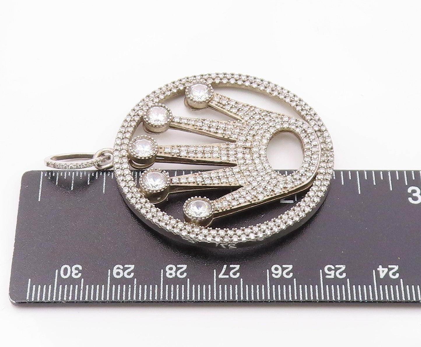 925 Sterling Silver  Vintage Cubic Zirconia Royal Crown Motif Pendant  PT15845