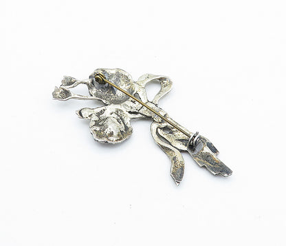 925 Sterling Silver Vintage Antique Ribbon Tied Flowers Brooch Pin BP2687