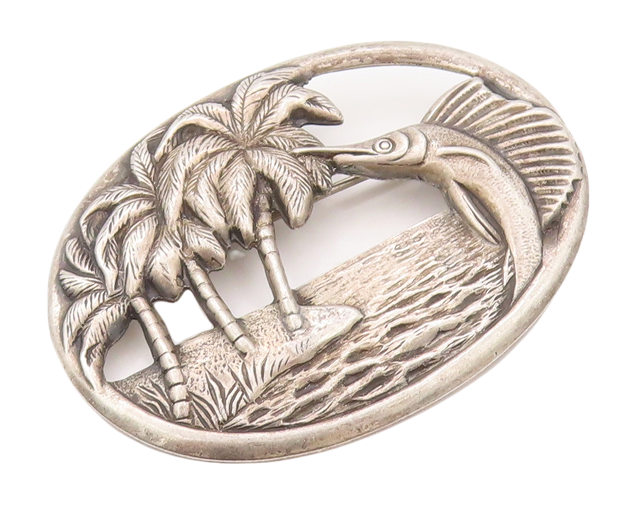 925 Sterling Silver Vintage Brooch Pin Solid Cutout Fish Beach Landscape BP11193