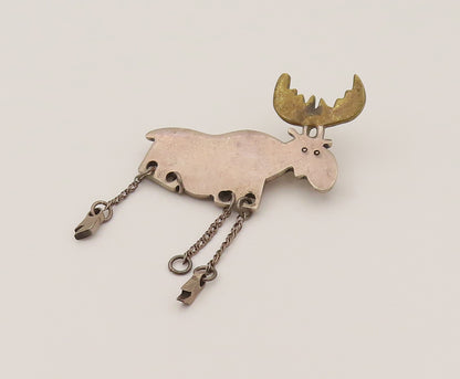 MEXICO 925 Silver  Vintage Two Tone Animal Dangle Chain Brooch Pin  BP10235