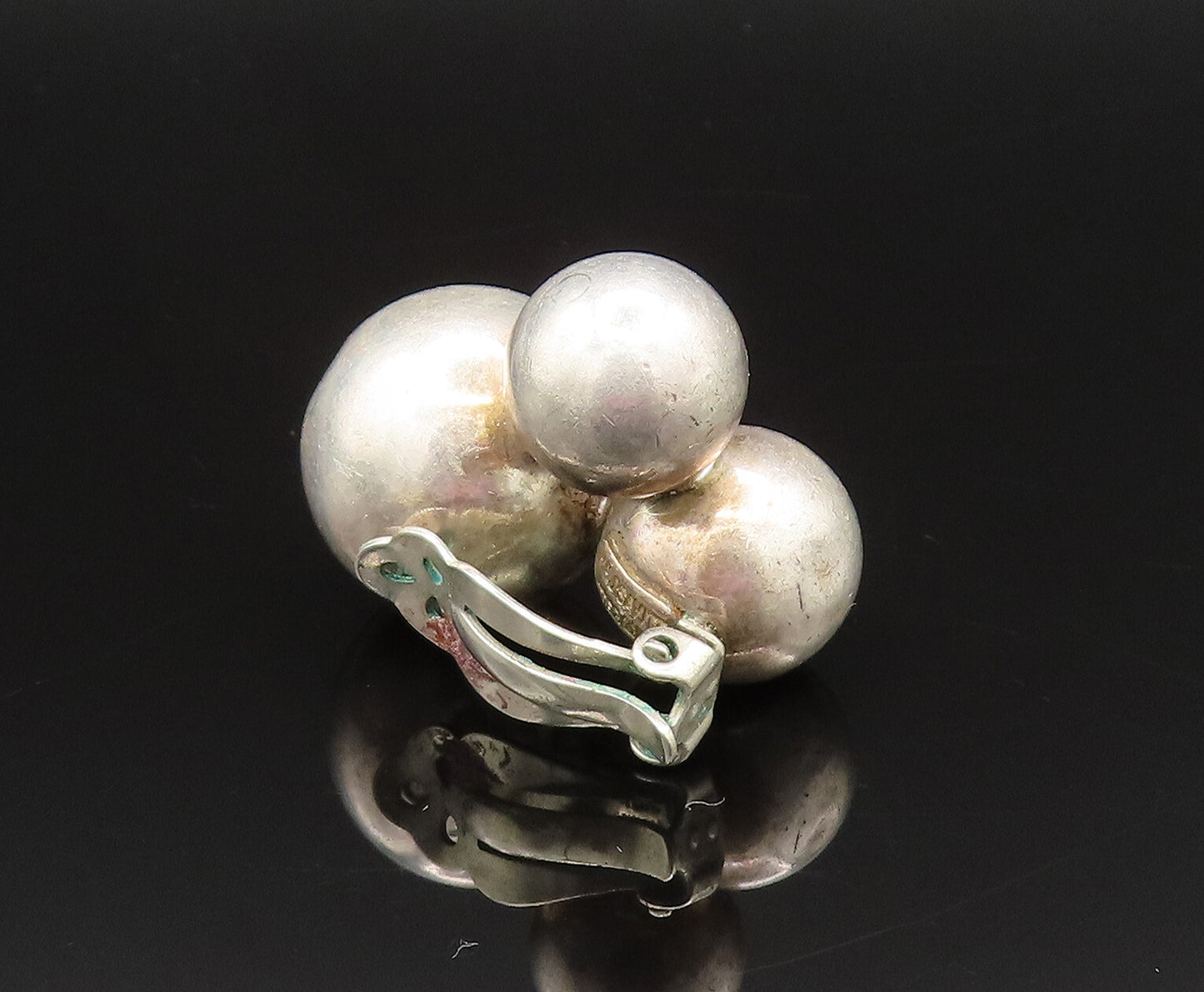 M&J SAVITT 925 Silver  Vintage Triple Bead Ball Non Pierced Earrings  EG11935