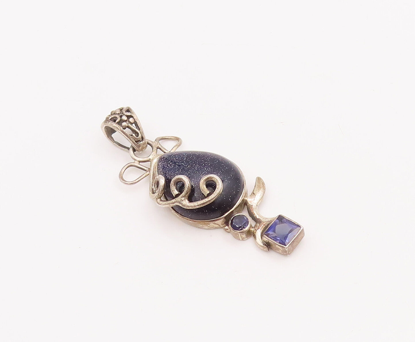 925 Sterling Silver Vintage Pendant Drop Goldstone Swirl Carved Amethyst PT22856