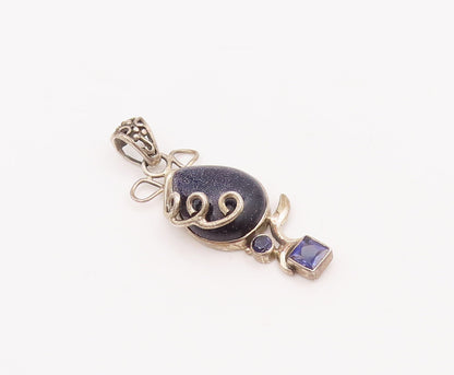 925 Sterling Silver Vintage Pendant Drop Goldstone Swirl Carved Amethyst PT22856