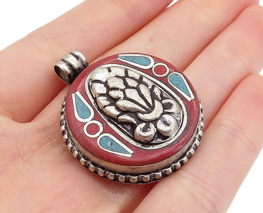 925 Sterling Silver  Vintage Inlaid Coral & Turquoise Floral Pendant  PT5975