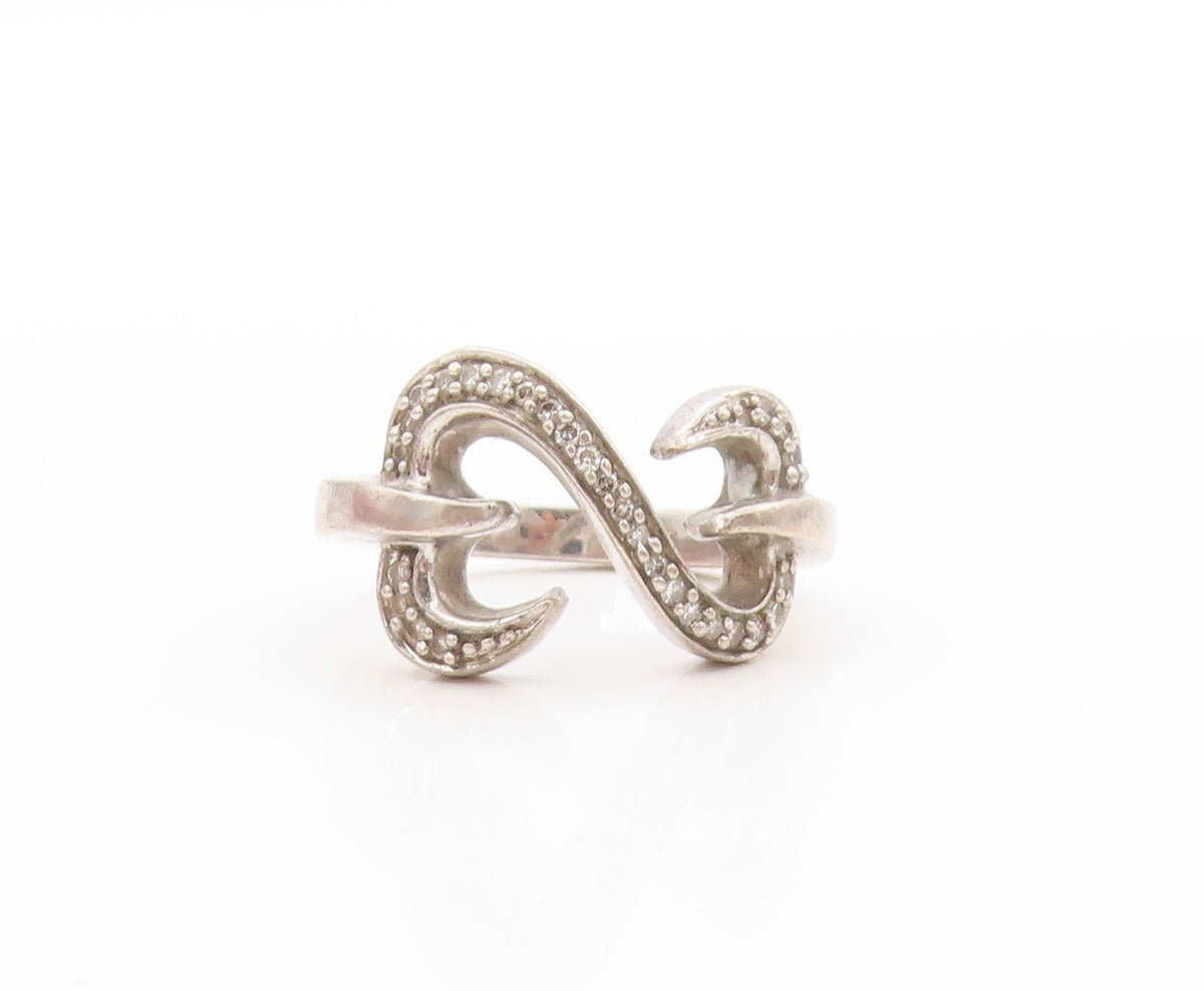 925 Sterling Silver Vintage Ring Real Diamonds Love Heart Knot  Sz 6.5  RG33735