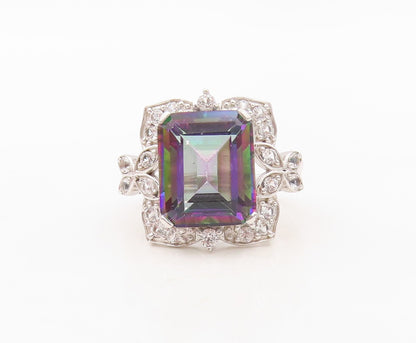 925 Sterling Silver Vintage Ring Mystic Topaz Floral Carved CZ  Sz 7.5  RG30232