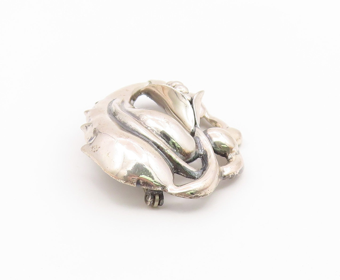 925 Sterling Silver  Vintage Shiny Smooth Flower & Leaf Brooch Pin  BP8119