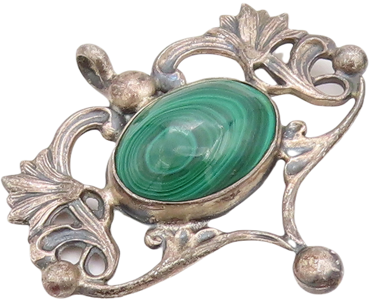925 Sterling Silver Vintage Pendant TERNER Floral Oval Malachite Heart  PT23493