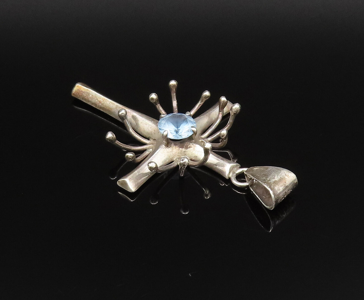 MB MEXICO 925 Silver  Vintage 3D Spiked Religious Cross Topaz Pendant  PT21578