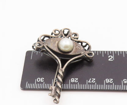 925 Sterling Silver Vintage Brooch Pin Round Pearl Elegant Scroll Key  BP12360