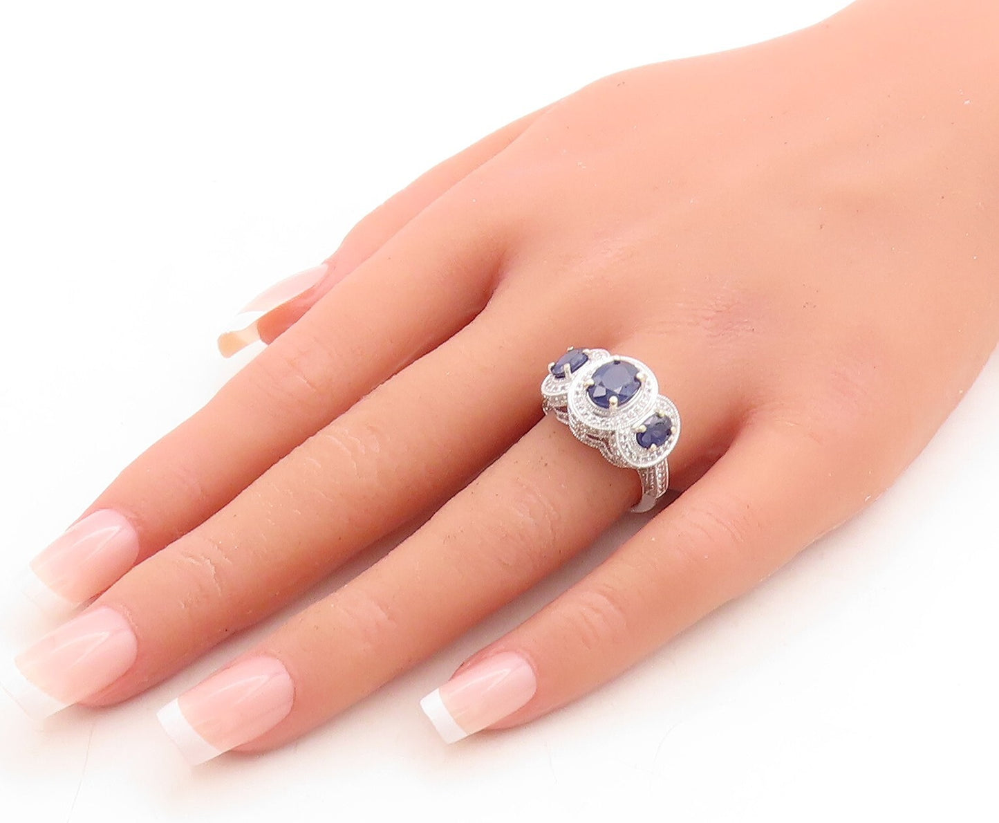 925 Sterling Silver Vintage Ring Oval Cut Sapphire Halo CZ Bands  Sz 7  RG31536