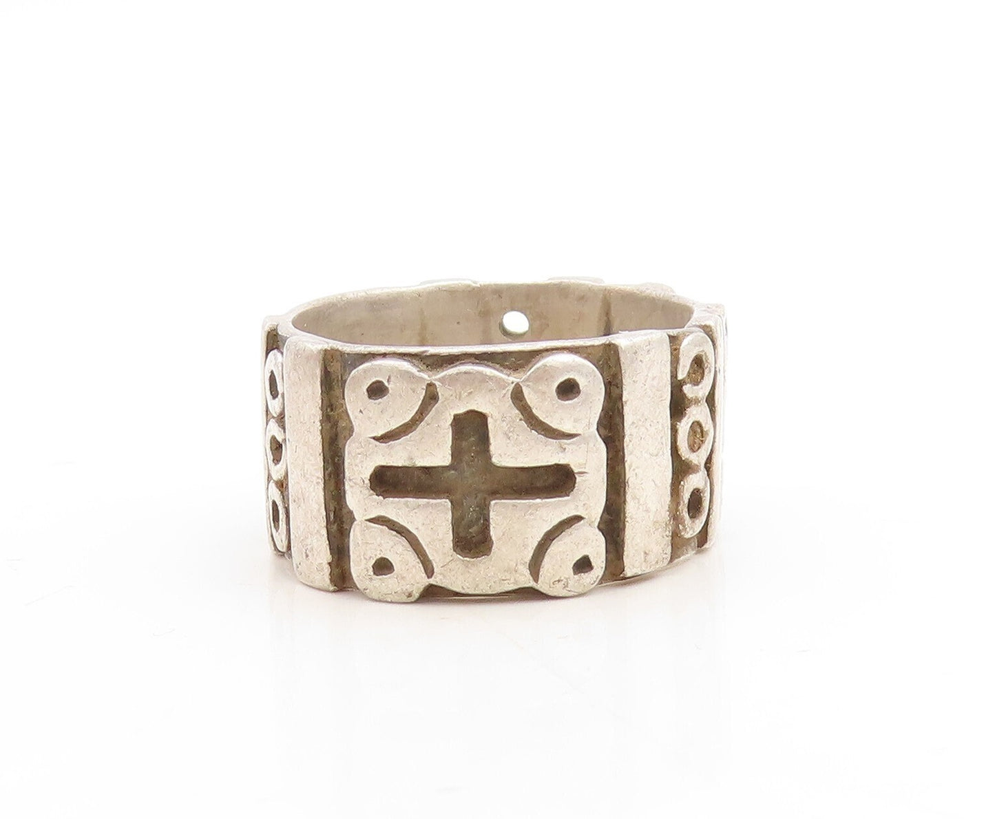 925 Sterling Silver Vintage Ring MEXICO Solid '+' & 'O' Carved  Sz 11  RG31161