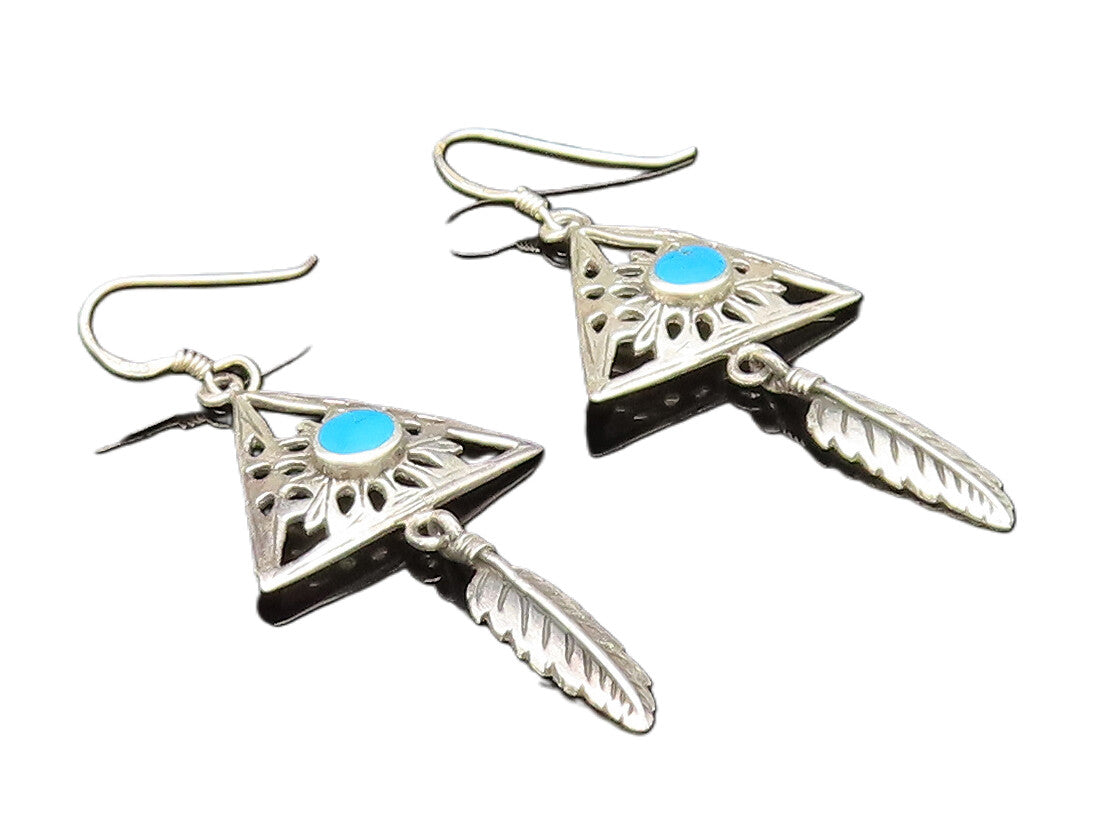 925 Silver  Vintage Open Floral Turquoise Triangle & Feather Earrings  EG11931