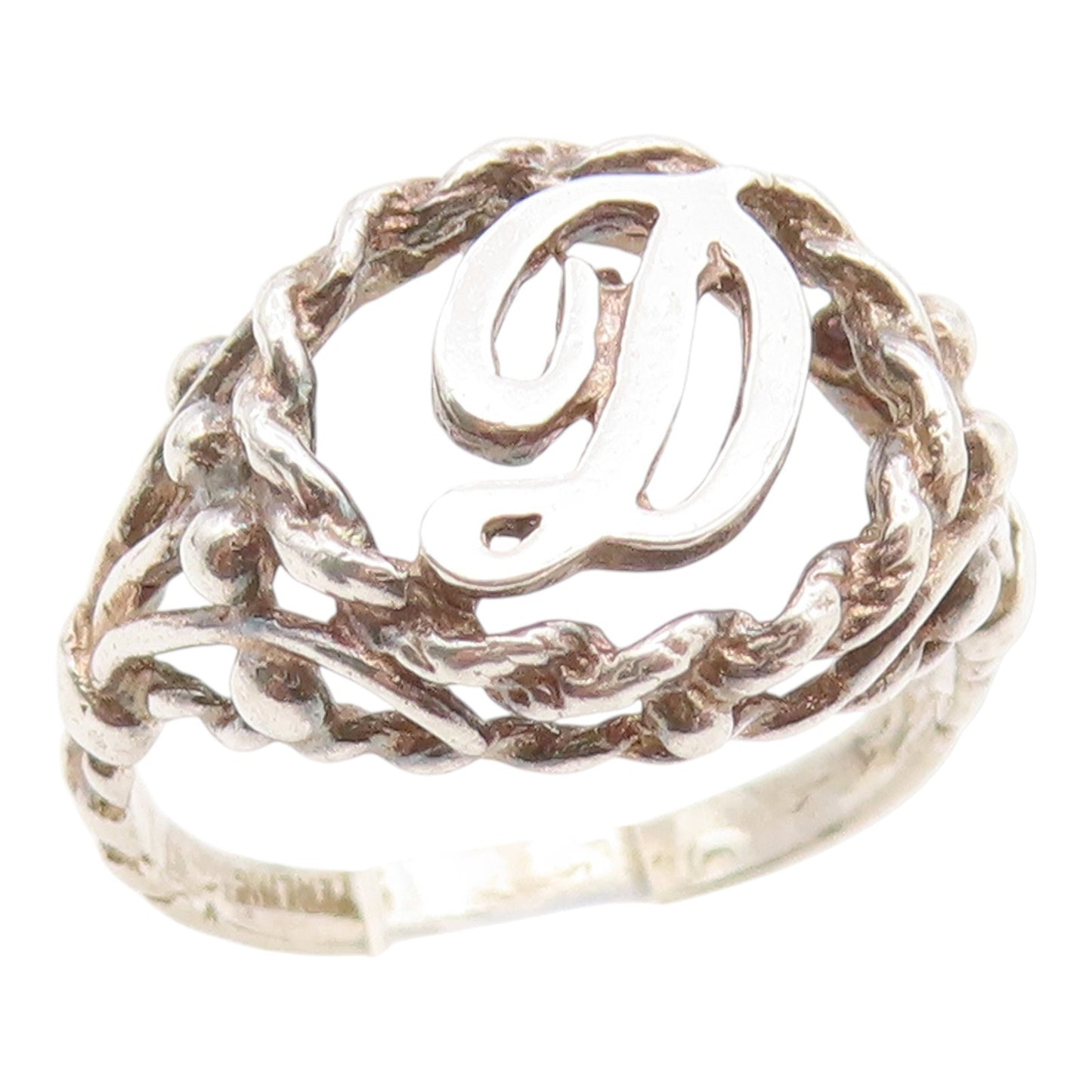 925 Sterling Silver Vintage Ring Letter D Initial Twisted Rope Band Sz 6 RG35298