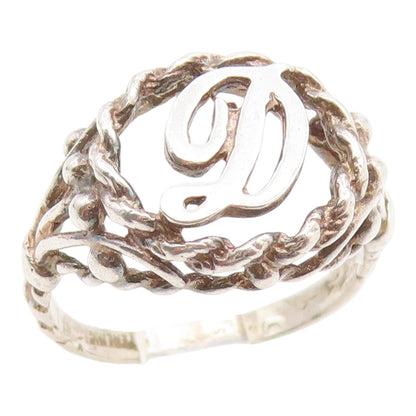 925 Sterling Silver Vintage Ring Letter D Initial Twisted Rope Band Sz 6 RG35298