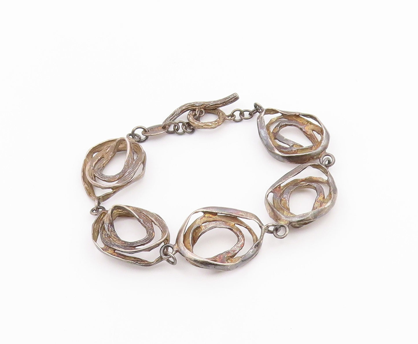 925 Sterling Silver Vintage Bracelet Brutalist Concentric Nest Loop Link BT12199