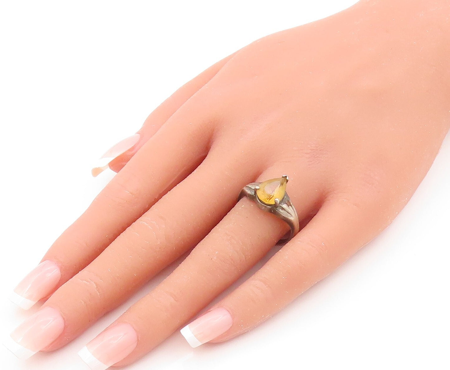 925 Sterling Silver Vintage Ring Dark Tone Carved Drop Cut Citrine Sz 9  RG31826