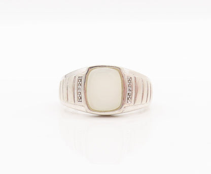 925 Sterling Silver Vintage Ring Carved Square Opal & Diamond  Sz 10.5  RG28302