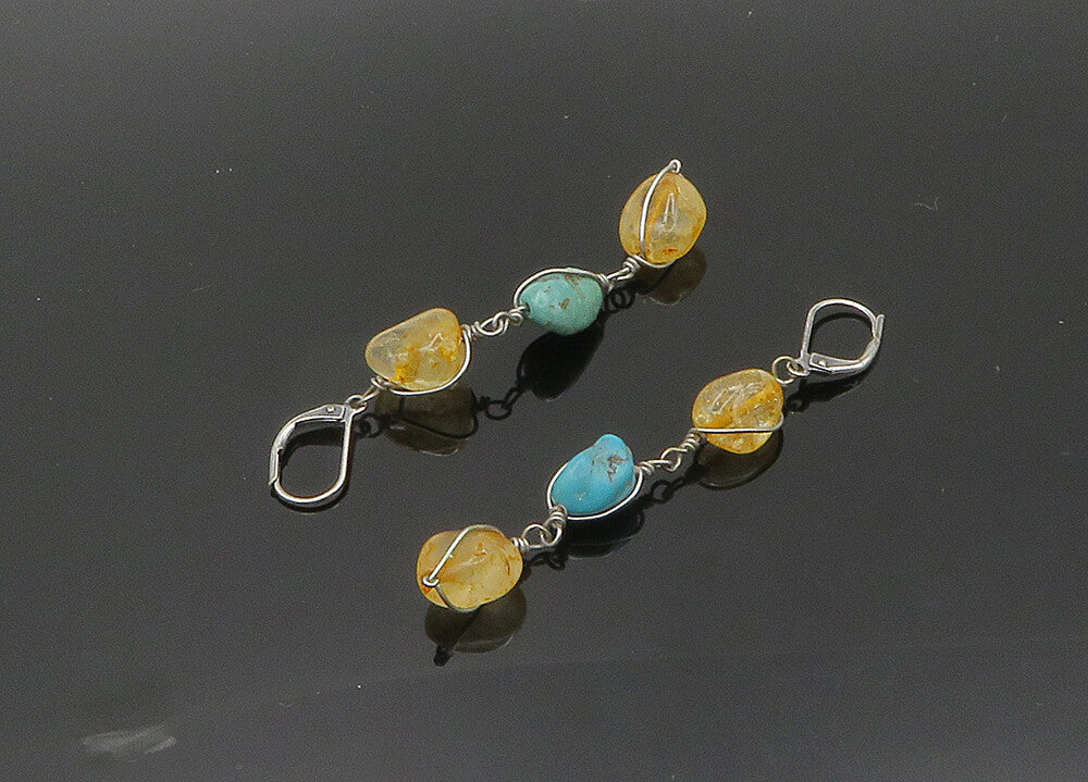 925 Sterling Silver  Vintage Turquoise & Quartz Dangle Earrings  EG10016