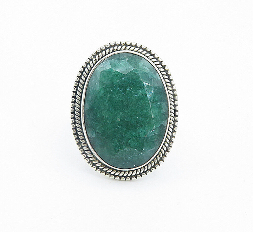 925 Sterling Silver Emerald Twist Border Oval Cocktail Ring Sz 7 RG8494