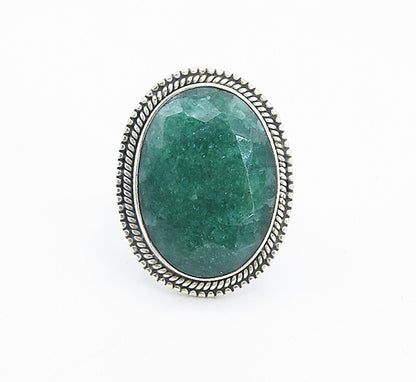 925 Sterling Silver Emerald Twist Border Oval Cocktail Ring Sz 7 RG8494