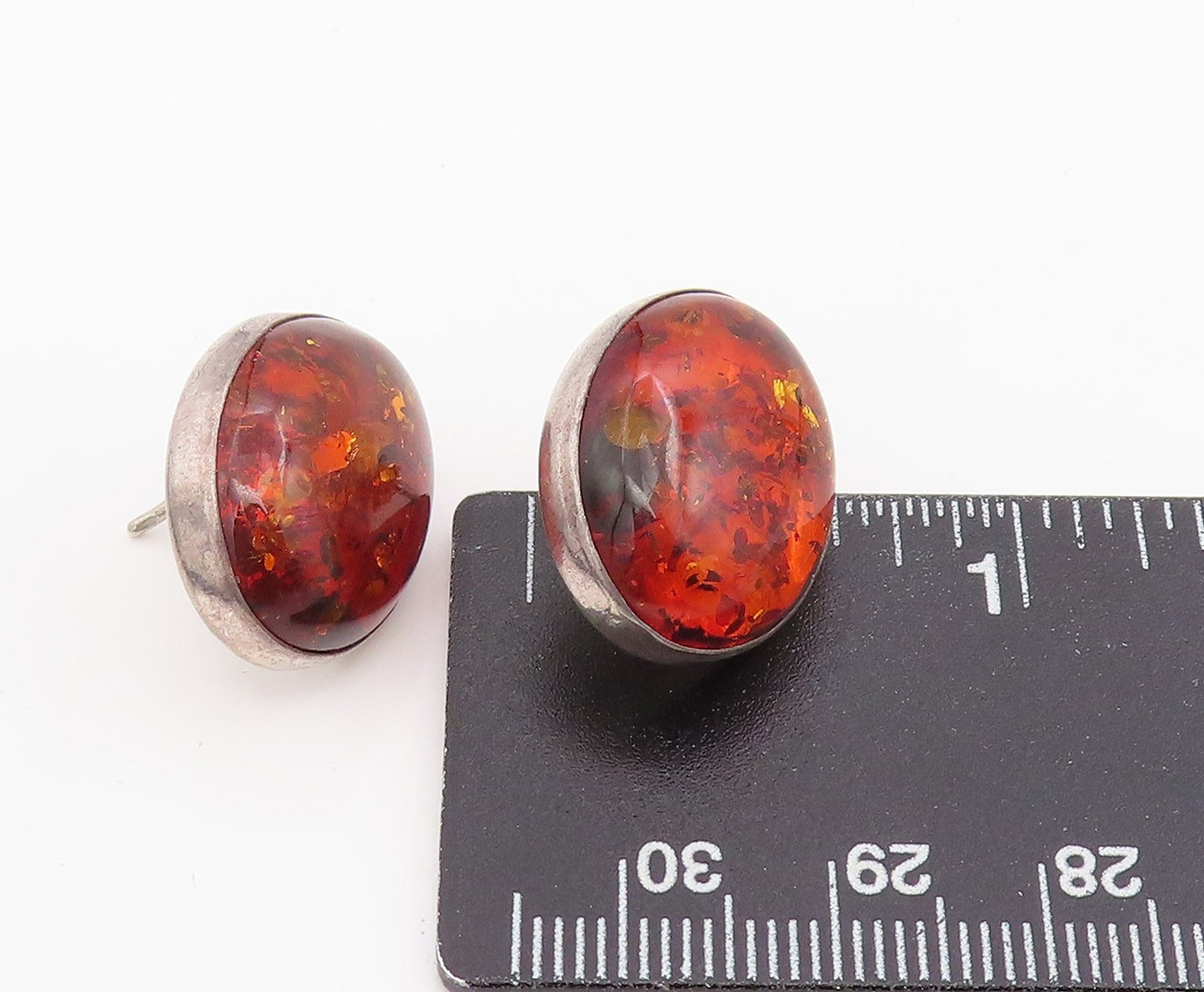 925 Sterling Silver Vintage Earrings POLAND Cabochon Honey Amber Studs  EG13958