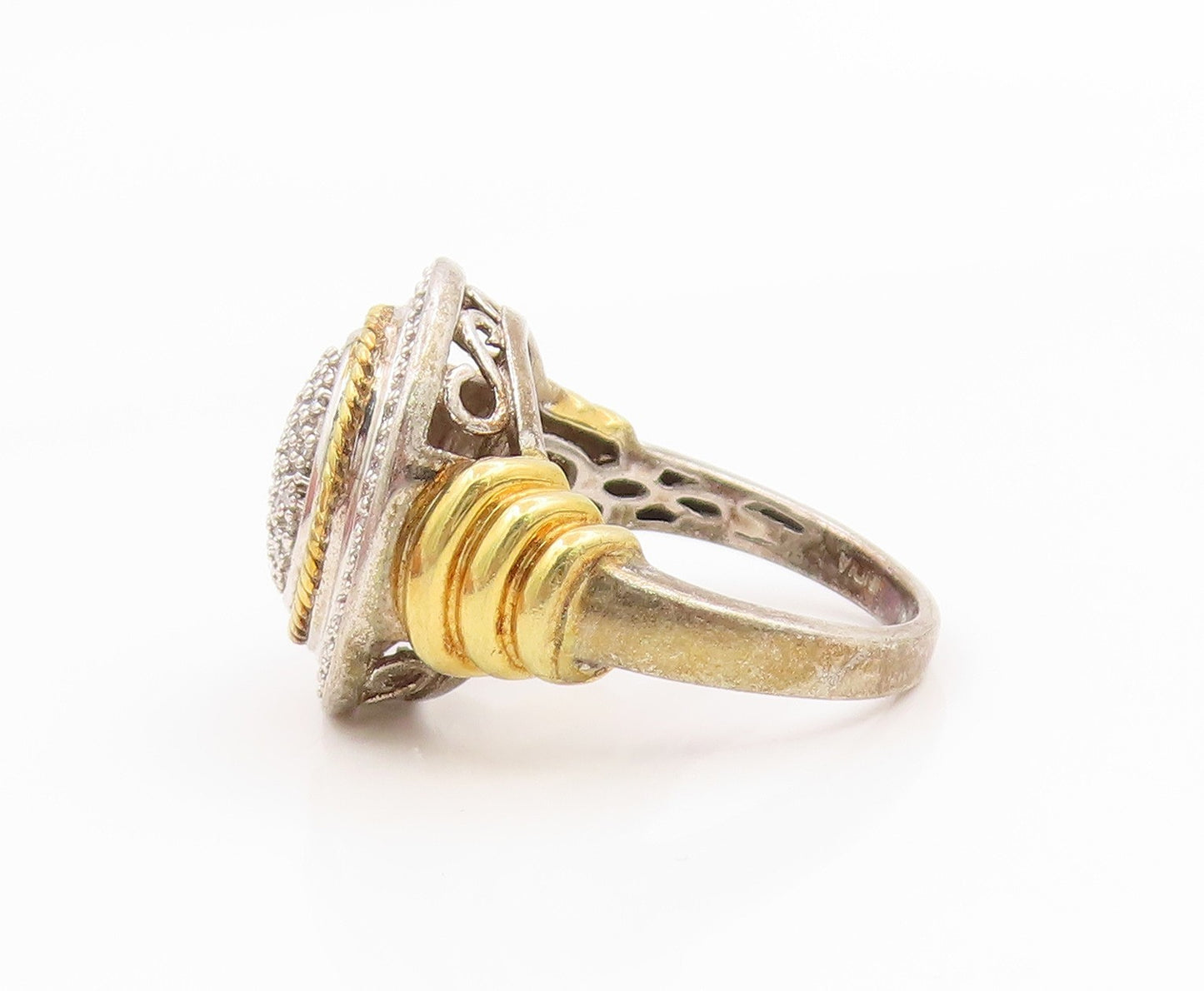 925 Sterling Silver Vintage Ring Two Tone Genuine Diamonds Band  Sz 5  RG36056