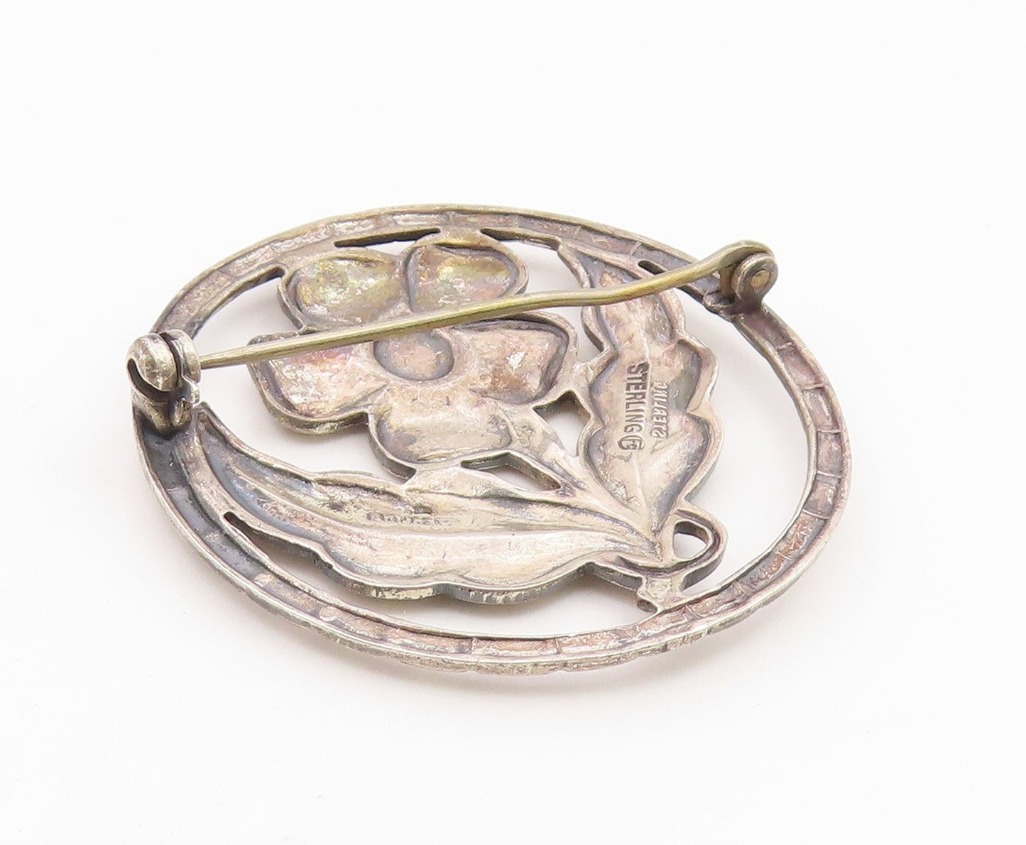 925 Sterling Silver  Vintage Single Flower Motif Round Brooch Pin  BP3785