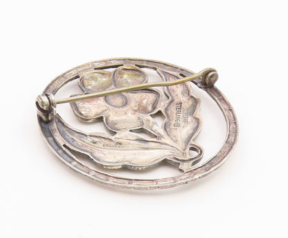 925 Sterling Silver  Vintage Single Flower Motif Round Brooch Pin  BP3785