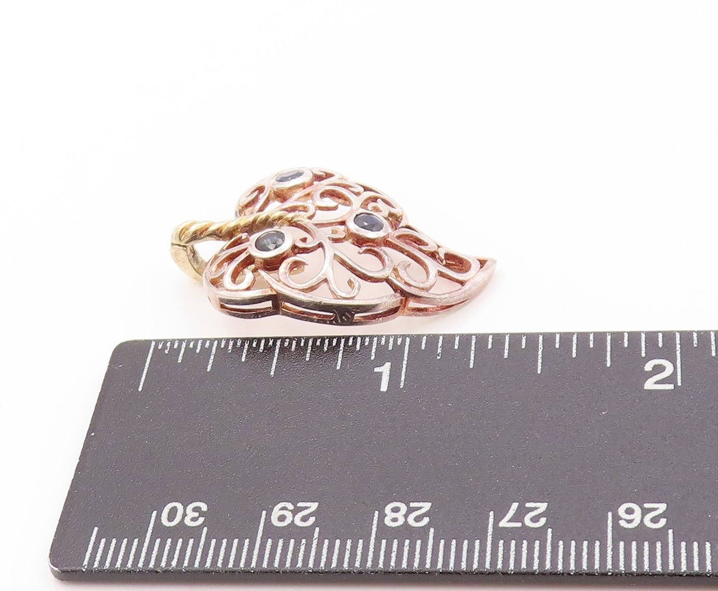 925 Sterling Silver Vintage Pendant Sapphire Swirly Heart Shape Leaf  PT24155