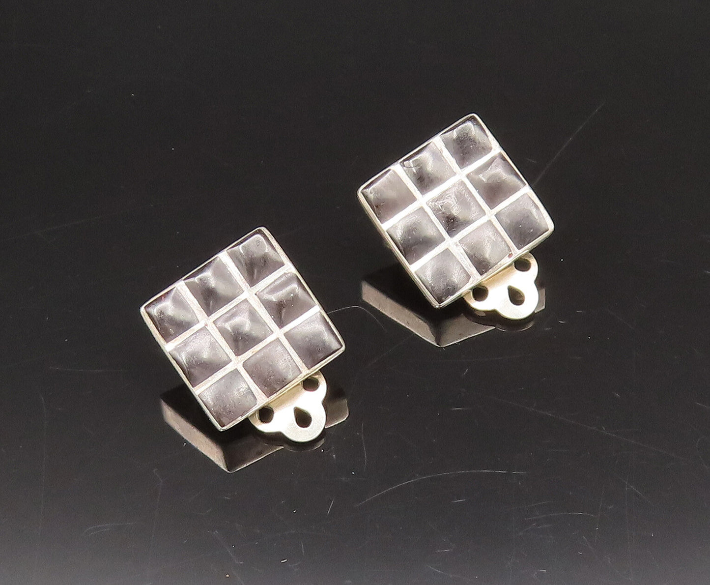 925 Sterling Silver  Vintage Black Enamel Checkered Clip Back Earrings EG12254