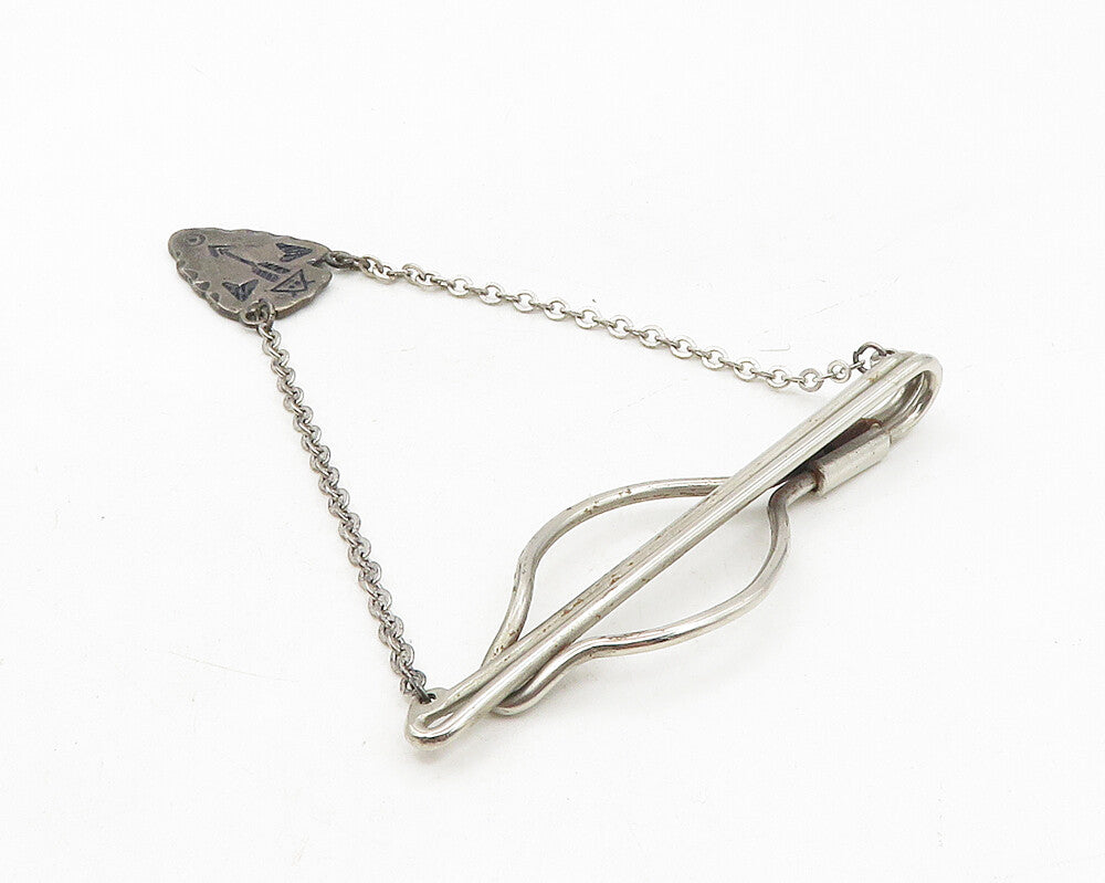 925 Sterling Silver  Vintage Antique Arrow Design Chained Tie Clip  TR1649