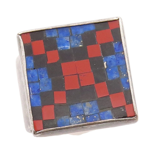 925 Sterling Silver Vintage Ring Square Multi Color Gemstones  Sz 7  RG32492