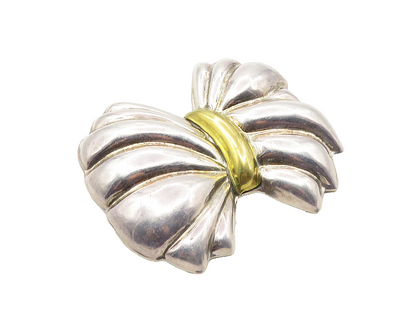 MEXICO 925 Sterling Silver  Vintage Shiny 2 Tone Ribbon Bow Brooch Pin  BP4104
