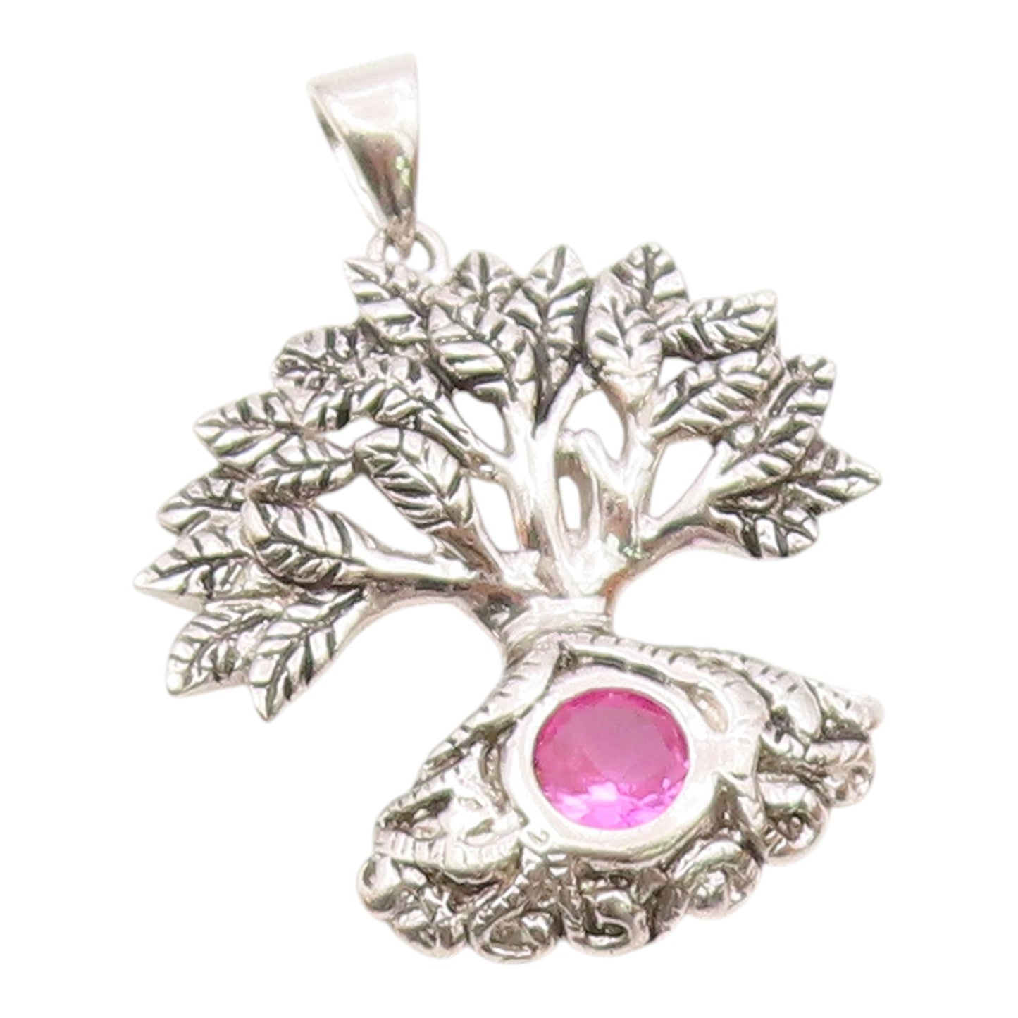 925 Sterling Silver  Vintage Carved Tree Of Life Tourmaline Pendant  PT20948