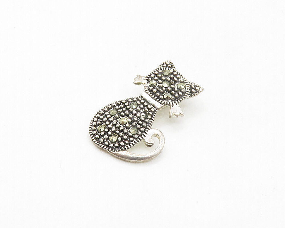 925 Sterling Silver  Petite Sparkling Marcasite Sitting Cat Pendant  PT13573
