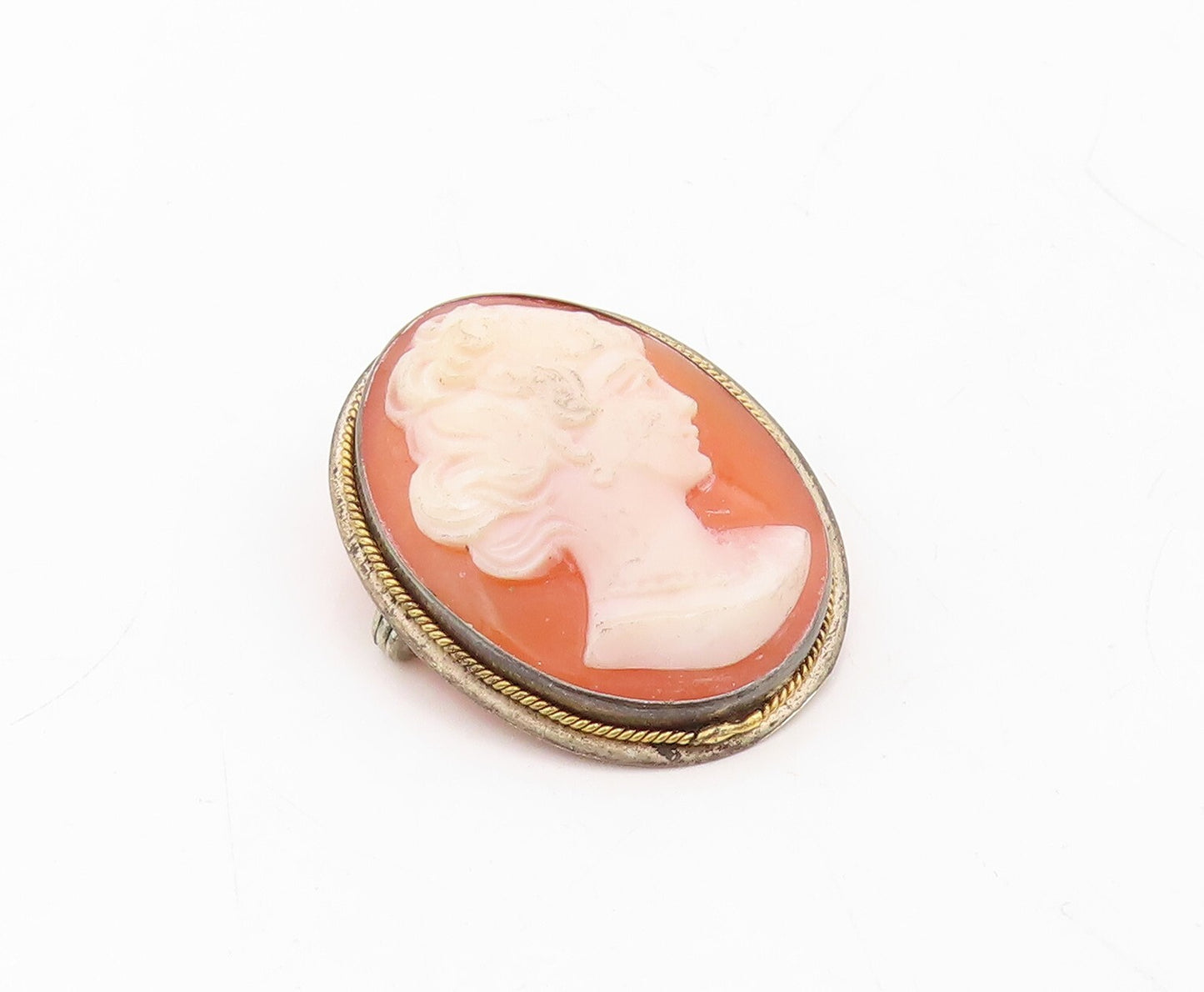 925 Sterling Silver Vintage Brooch Pin Carved Cameo Roped Frame  BP11283