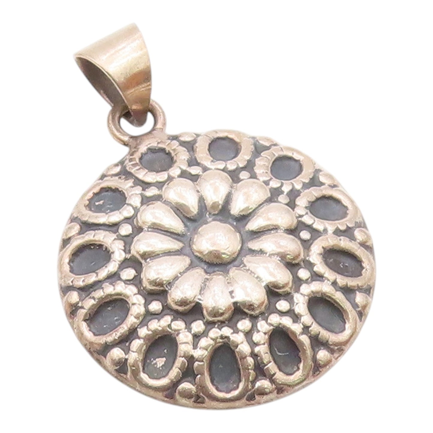 MWS MEXICO 925 Silver  Vintage Shiny Round Floral Motif Pendant  PT16072
