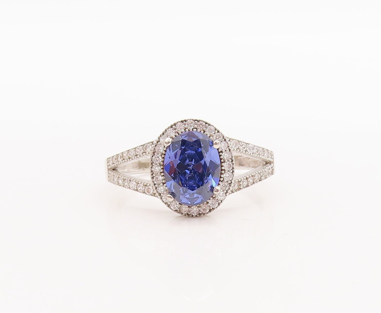 925 Sterling Silver Vintage Ring Split Neck Blue & White Topaz  Sz 7  RG29694