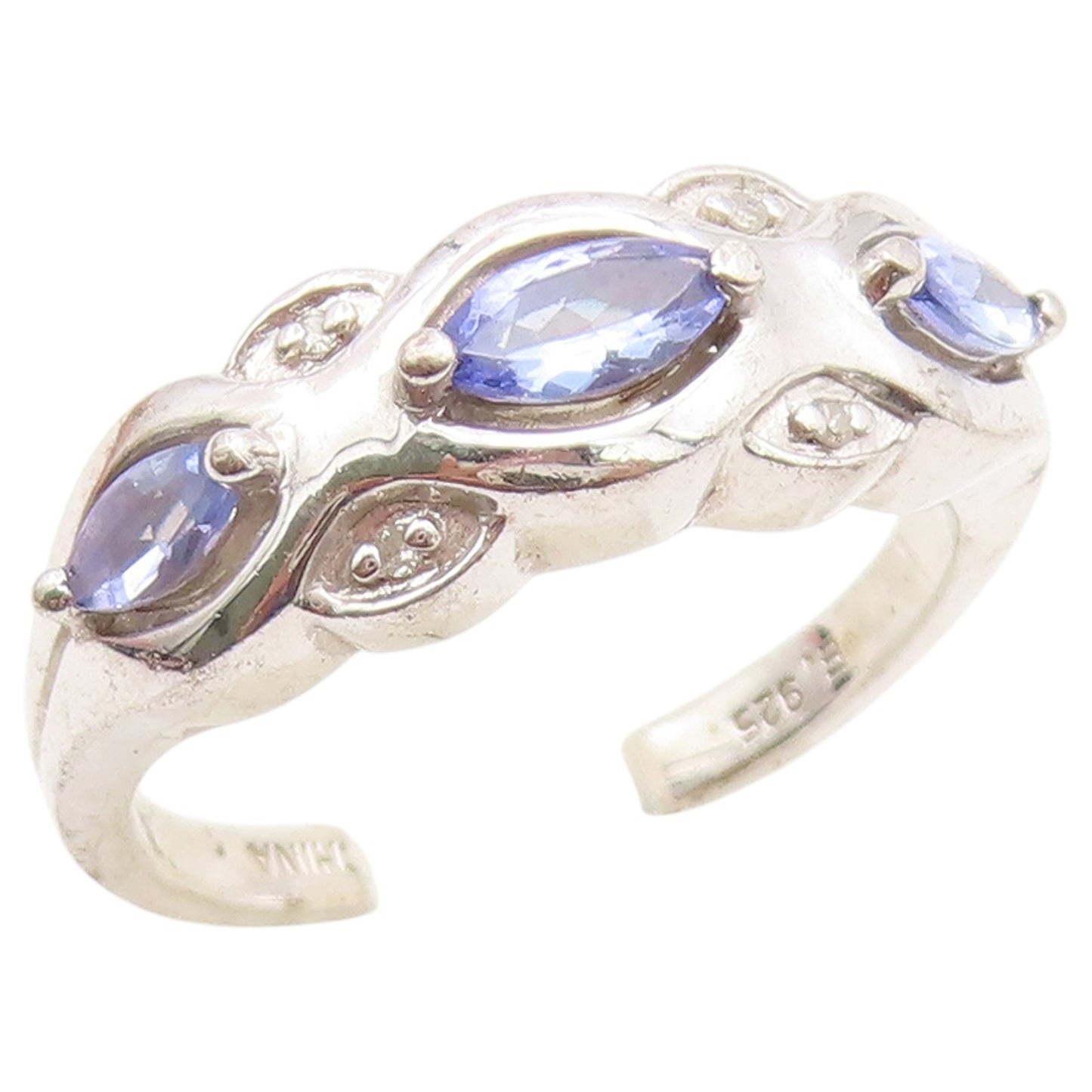 925 Sterling Silver Vintage Ring Elegant Three Stone Tanzanite Band Sz 8 RG36797