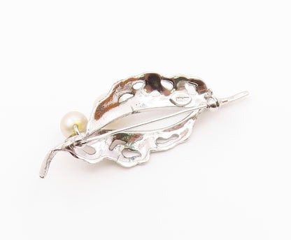 925 Silver  Vintage Cultured Pearls Shiny Floral Leaf Brooch Pin  BP8881