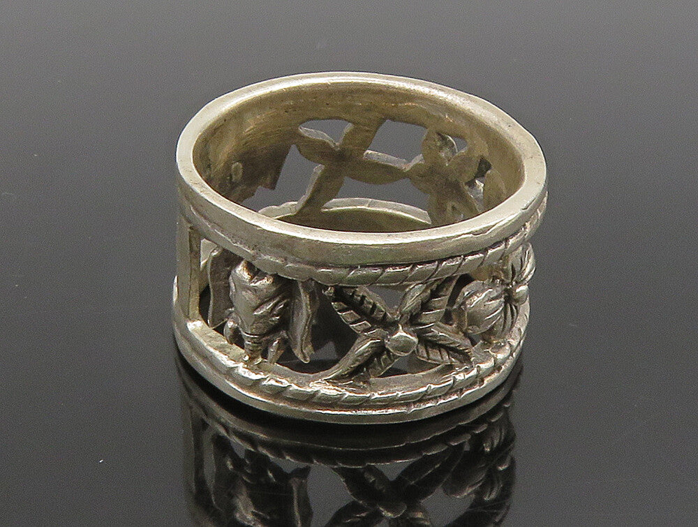 925 Silver  Vintage Flowers & Elephant Cut Out Band Ring Sz 6.5  RG24370