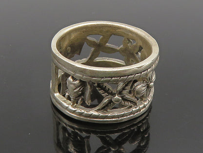 925 Silver  Vintage Flowers & Elephant Cut Out Band Ring Sz 6.5  RG24370
