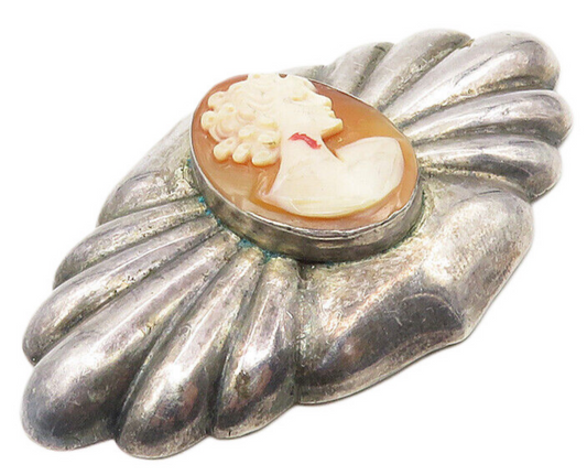 925 Sterling Silver  Vintage Carved Woman Fluted Cameo Brooch Pin  BP3734