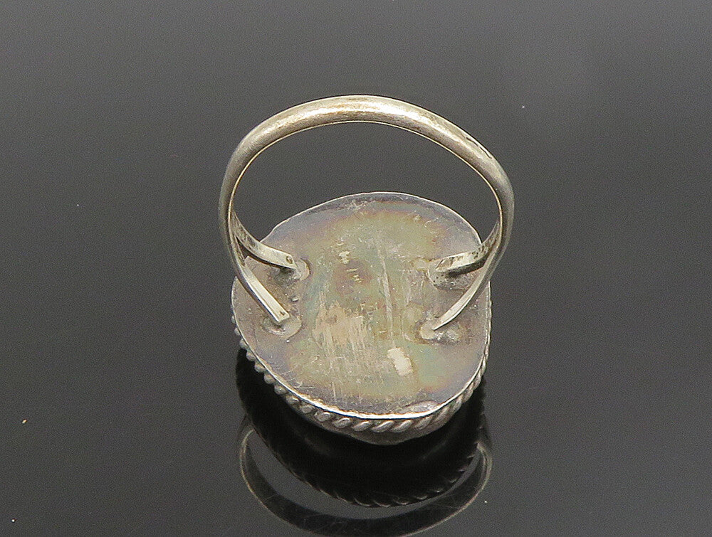 925 Silver  Vintage Inlaid Gemstone Rope Twist Border Ring Sz 10  RG24660
