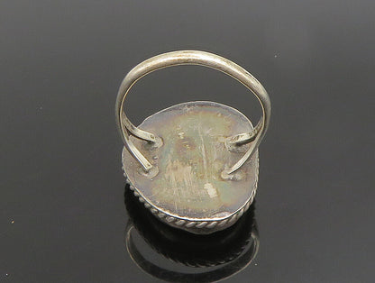 925 Silver  Vintage Inlaid Gemstone Rope Twist Border Ring Sz 10  RG24660