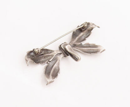 925 Sterling Silver Vintage Brooch Pin Designer Solid Carved Leaf Bow  BP10941