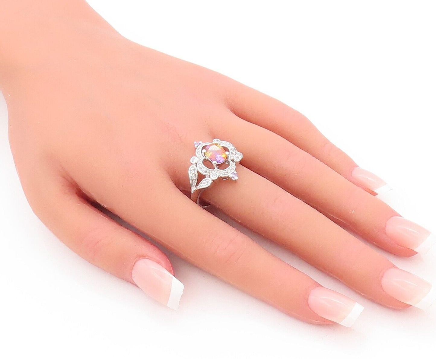 925 Sterling Silver Vintage Ring Cutout Carved Gemstone Flower  Sz 9.5  RG28297