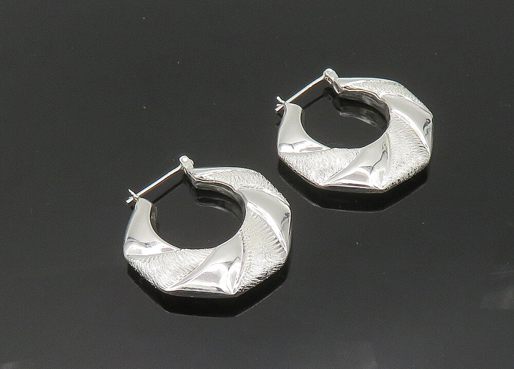 925 Sterling Silver  Vintage Shiny Textured Hollow Hoop Earrings  EG10410